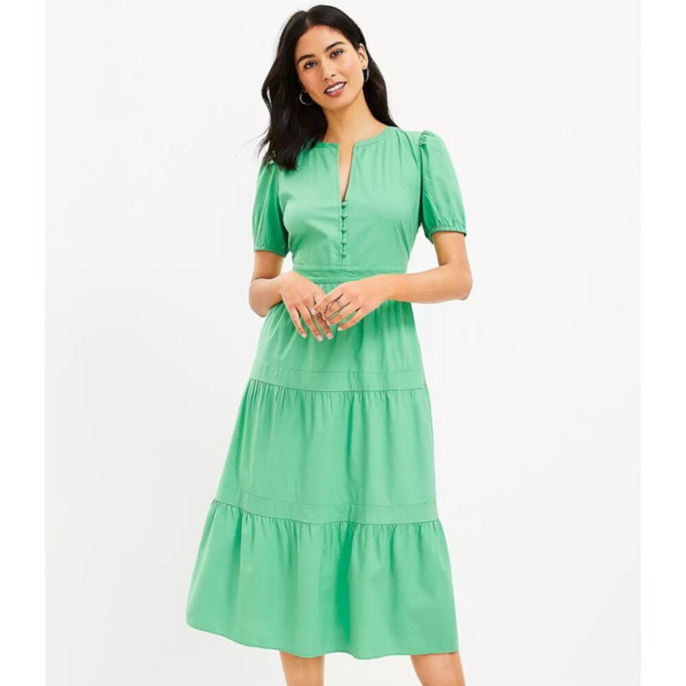 NEW LOFT Green Puff Sleeve Tiered Cotton Midi Dress Women's Size 6 Spring Summer